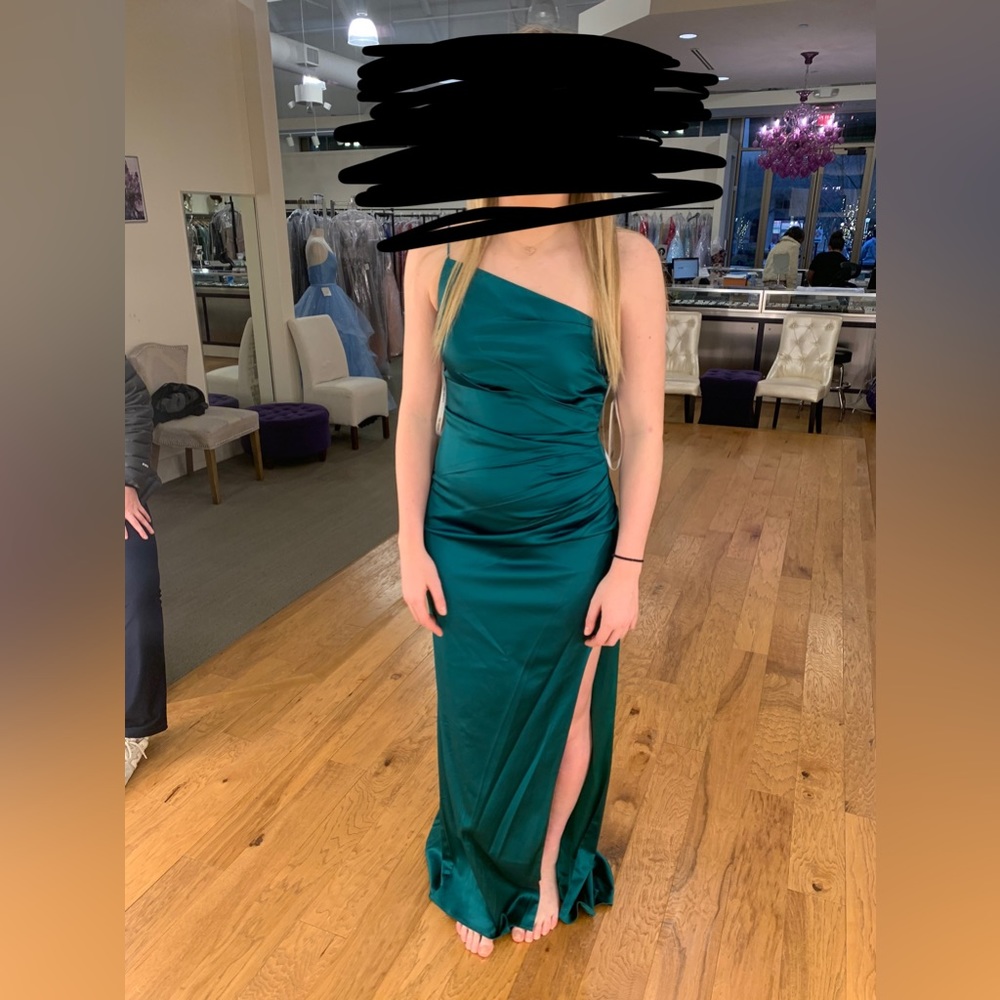 Sherri hill one shoulder emerald green silk gown with ruching and high slit